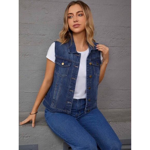 Women\'s Denim Vest Sleeveless Button Down Casual Jacket with Pockets main image 4